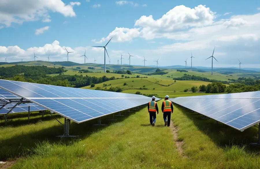 Technicians walking through a solar farm with wind turbines behind