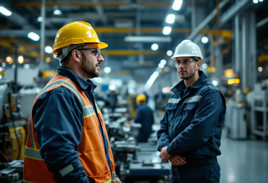 Plant manager and machinist talking on a factory floor