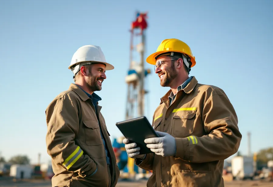 Oil field workers talking beside a drilling rig