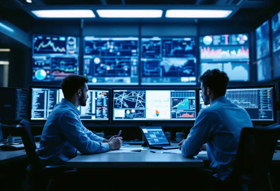 Engineers reviewing data in an energy control room